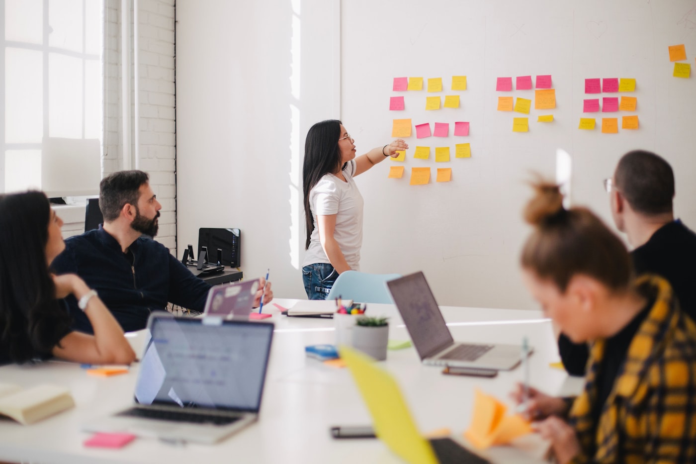 Workshop-Situation mit Team an einer Wand voller Notizen